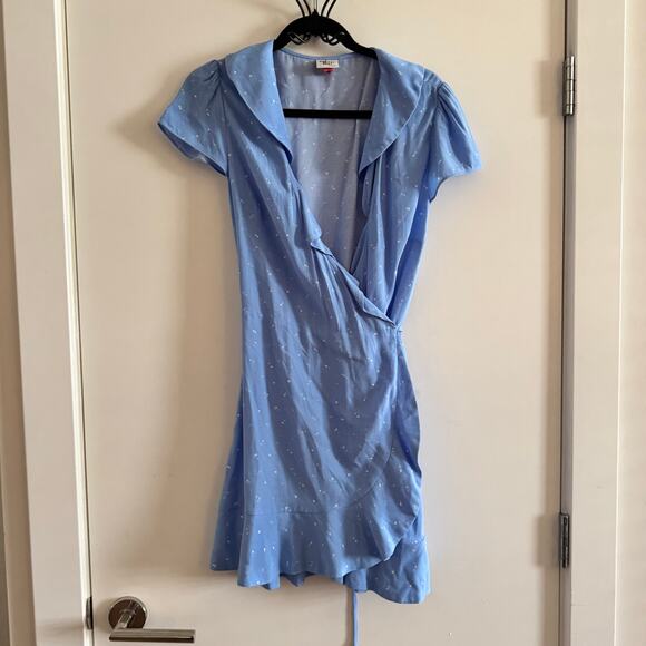 Aritzia Sunday Best Heart Ruffled Mini Wrap Dress Blue Short Sleeve Women Size S - Picture 1 of 6